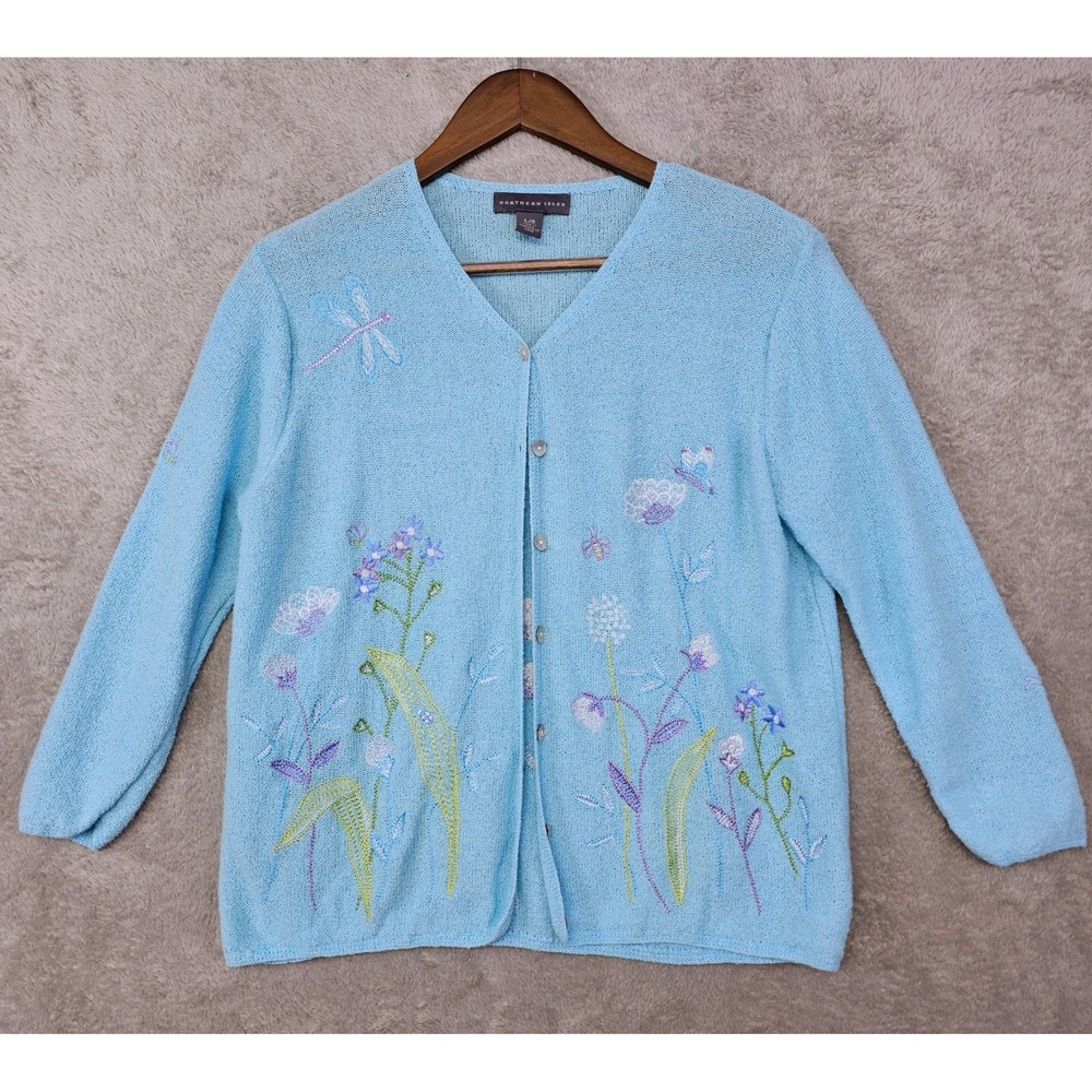 Vintage Northern Isles Embroidered Floral Cardigan Sweater Large Cottagecore Y2K
